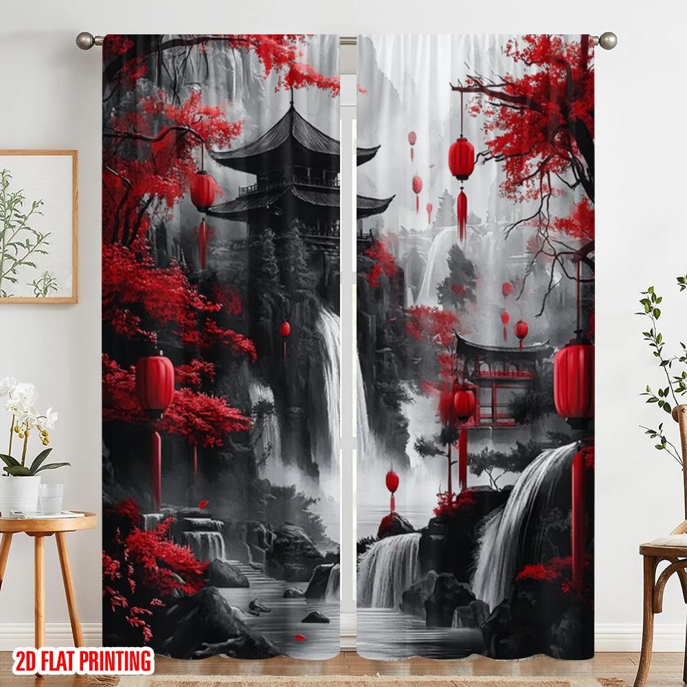 2pcs,2D Plane Printing Light Filtering Curtains Crimson Cascade Durable 100% Polyester Fabric (without Rod) Art Deco Festive