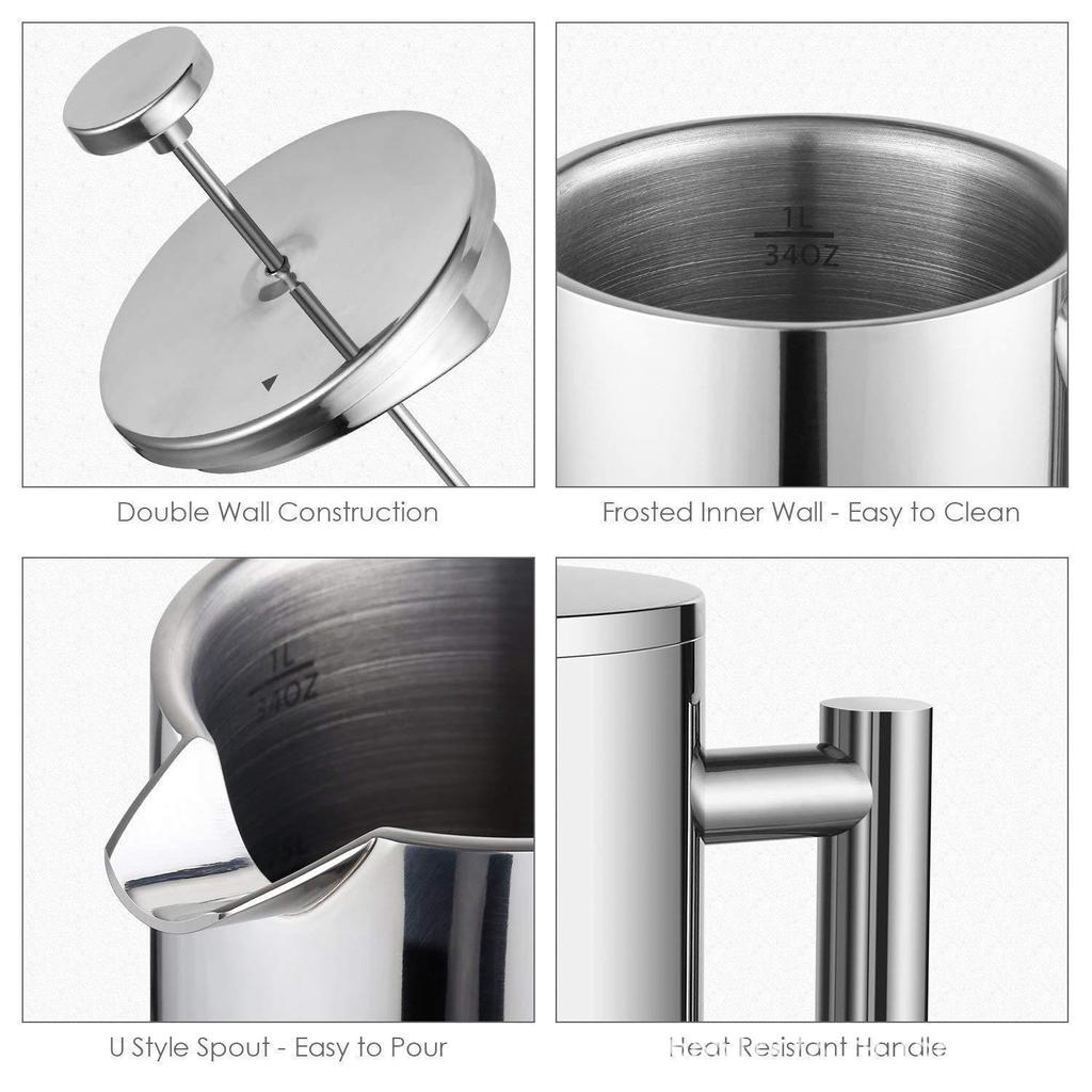 1000 ml Nerezová ocel 304 dvouvrstvá french press konvice na kávu větší kapacita Ruční kávovar