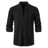 Men's Cotton Linen Henley Shirt, European Size, Long Sleeve, Casual Stand Collar, Spring Summer 2022 Collection