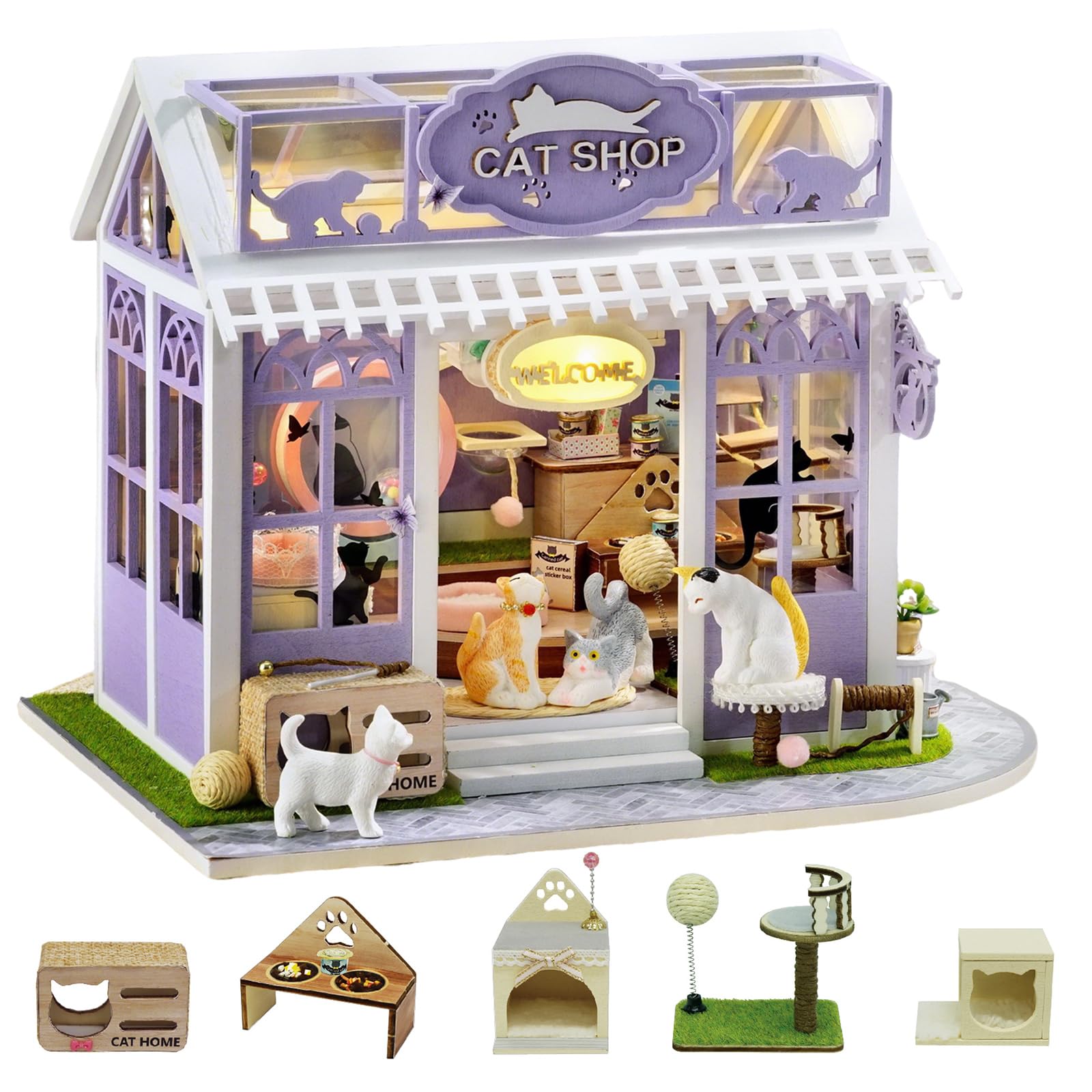 

CUTEROOM Набор миниатюрного дома для DIY Деревянный Кот Ручной работы Набор для поделок с Мини-домом Идеальный подарок Новичкам, Кукольный домик, Рай, Мебель, Декор,