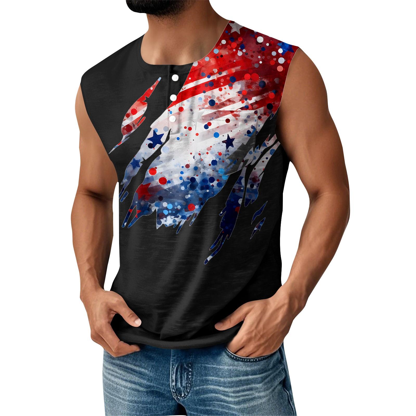 

Чоловіча літня майка без рукавів з принтом до Дня Незалежності, спортивна, на ґудзиках, з кишенею M ціан
