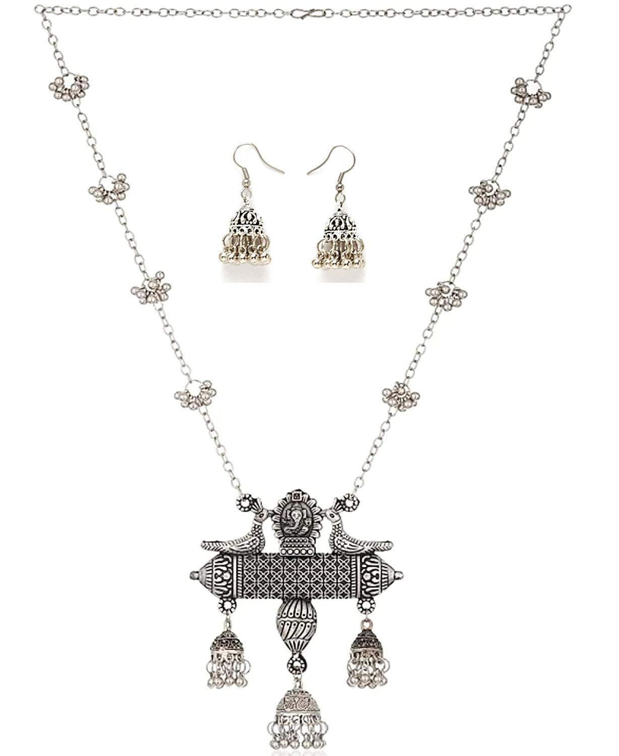 

Latest Stylish Design Fancy Oxidised Silver Afghani Chain Pendant Earrings Necklace Jewellery Set for Women Onesize срібний
