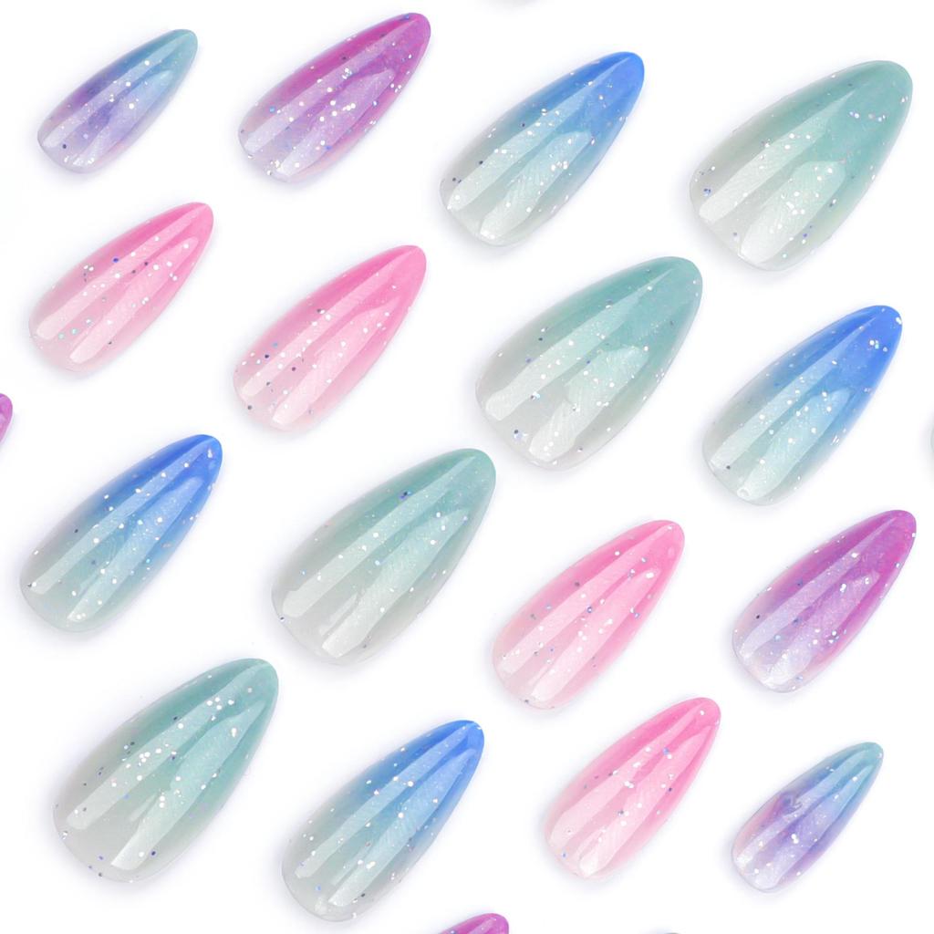 Colorful Gradient Glitter Press-On Nails: Pearlescent Cat Eye Nail Art Tips with Stickers