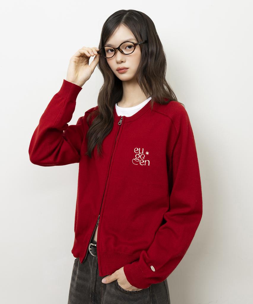 Yujen Minimal Round Neck Two-Way Knit Zip-Up_Red