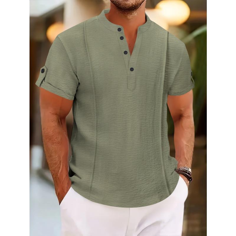 Men Casual Solid Color V Neck Short Sleeve Henley Shirt