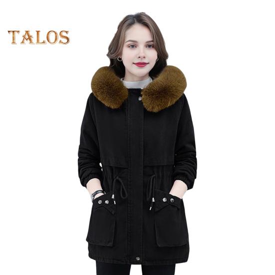 Winter Women Cotton Jacket with Furry Hood with Double Pockets Drawstring Waist Mid Length Zipper Closure Coat Solid Color Windproof Outwear Parka