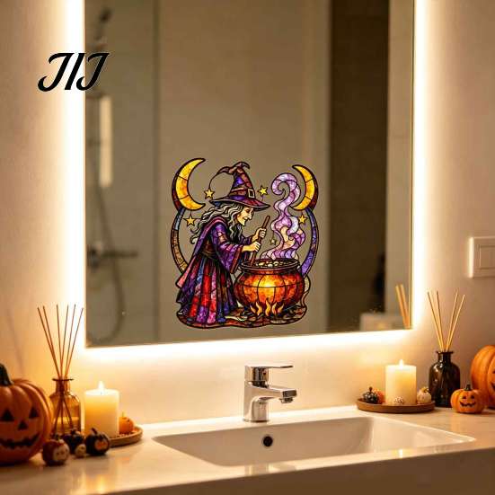 Seasonal Party Theme Decors Halloween Witch And Medicine Cauldron Window Sticker, Stained Glass Effect PVC Decal Durable Vinyl Clings for Doors