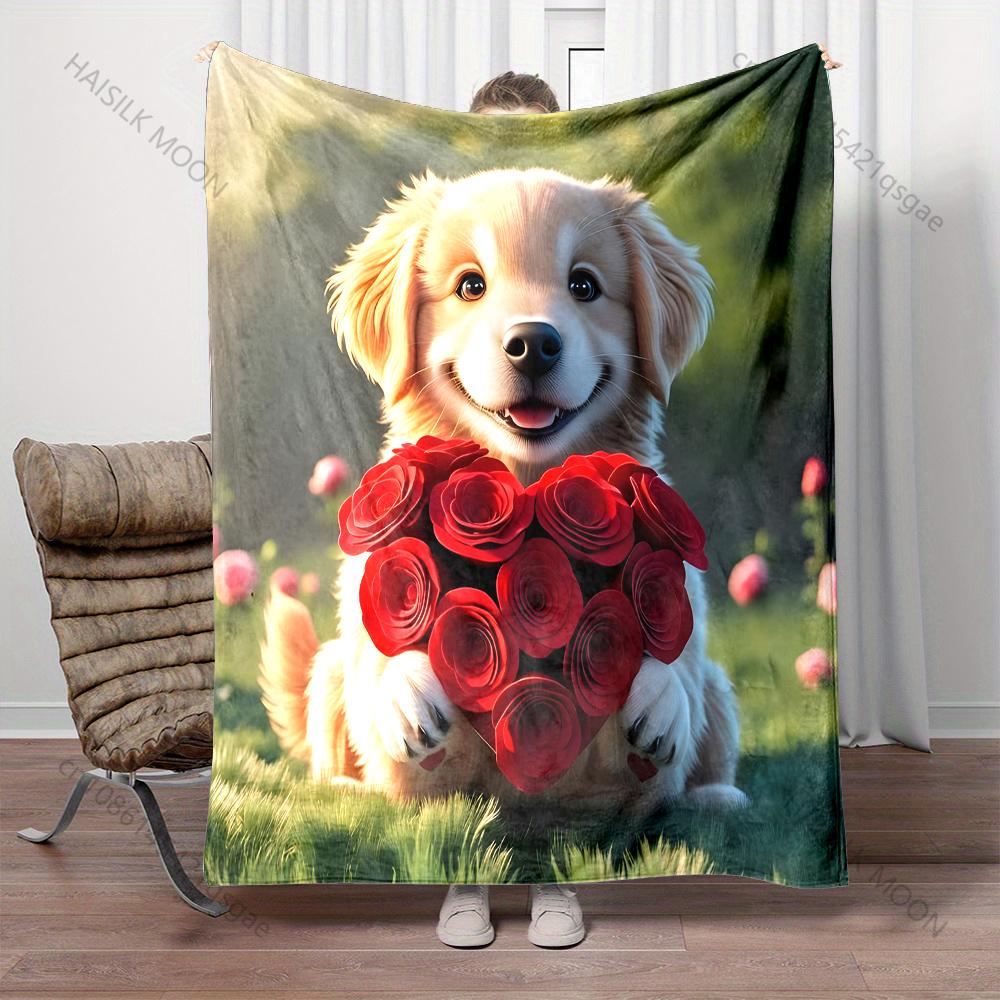 Puppy and Roses Print Blanket Warm Soft Fluffy Kids and Adults Sofa Bed Throw Blanket for Home Travel Camping Multi-Size