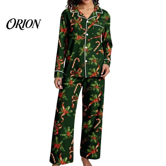 Breathable Pajamas 2Pcs/Set Women Christmas Pajama Set, Long Sleeve Button Down Shirt Soft Loungewear Gift Wide Leg Pants Cute Xmas Print Sleepwear