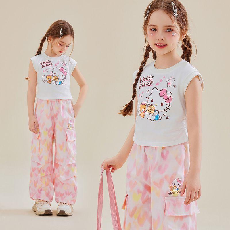 Hellokitty Girls  Summer Suit 2025 New Style Short-Sleeved Wide-Leg Pants Cartoon Two-Piece Set for Older Children White 110
