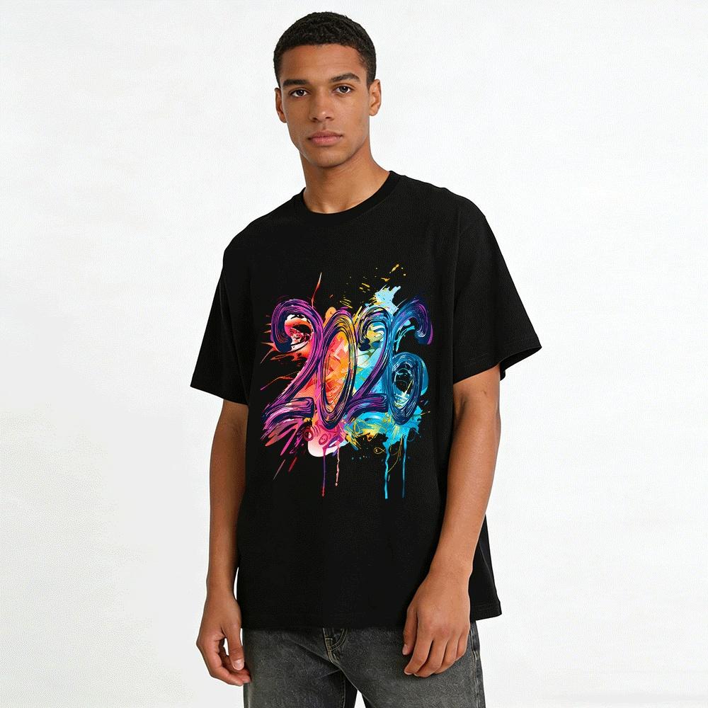 2026 Trendy Graffiti Style New Year Themed Graphic Casual Top Pure Cotton T-shirt