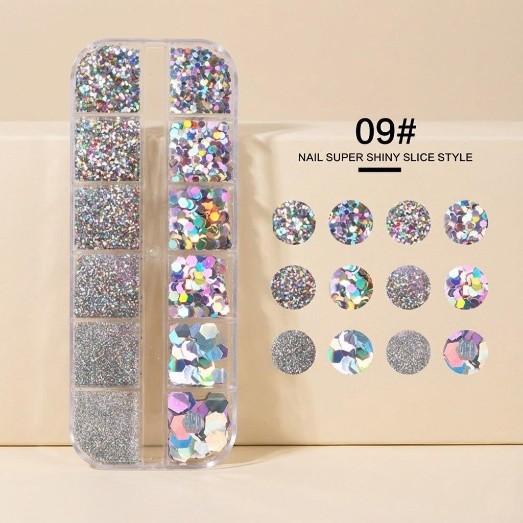

1 Box 12 Grids Holographic Nail Glitter Sequins Sparkly 3D Thin Butterfly Round Stars Geometric Flakes Polish Decorations