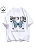 Papillon Bleu Art Lettre Imprimé T-shirts pour Femmes Tout-Match Coton T-shirt Décontracté Col Rond Streetwear Été Y2K Manches Courtes