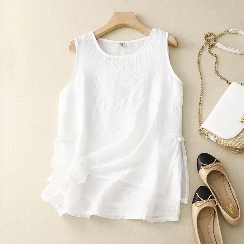 Женский летний свободный топ-майка на пуговицах, ультратонкий, двухслойный, из льна XS
