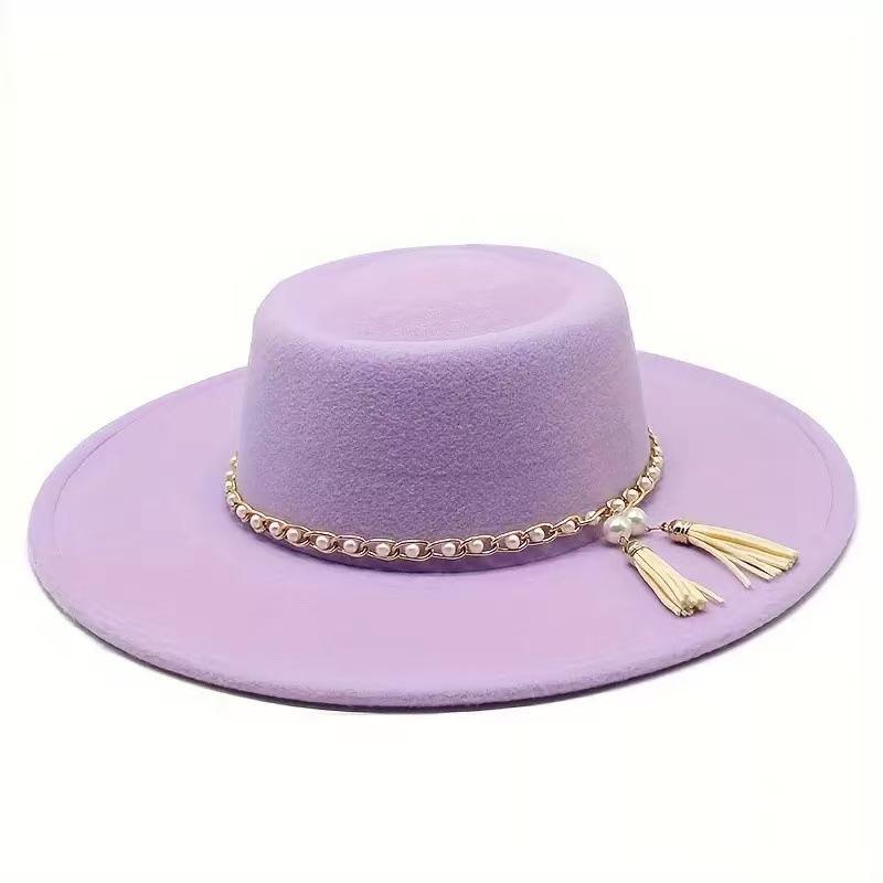 Popular Gold Chain Pearl Fringed Ribbon Flat Top Top Hat Spring and Autumn European, American and British Couple Top Hat