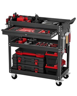 4-Tier Tool Cart with Wheels, 350 Lbs Load Capacity, Rolling Work Cart with Drawer & Pegboard