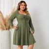 Vintage Long Sleeve Dresses Square-cut Collar Plus Size Dress Fashion Solid Color Dress Knee Length Oversized Dresses Women's Elegant Tie Up Dress