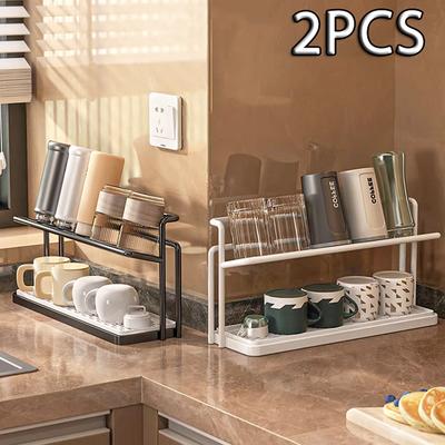 Stainless Steel 2-Tier Bottle Drying Rack with Drain Tray - Space Saving Kitchen Cup Storage Rack for Mugs, Jugs and Accessories