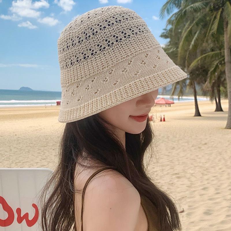 Women Hollow Breathable Openwork Knit Fisherman Cap Wide Brim Sun Hat for Summer Beach Outdoor Travel Daily Casual Sun Protection Ladies Headwear