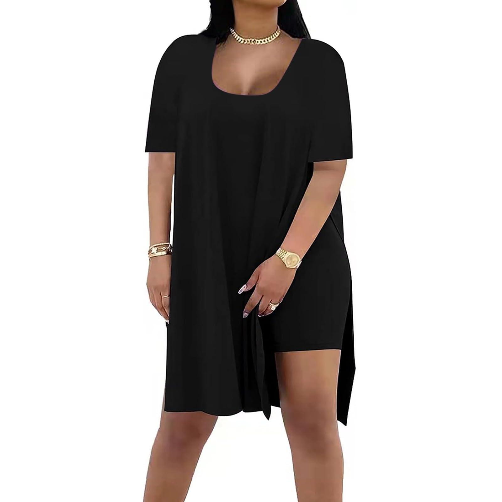 

Модный женский летний однотонный свободный костюм из двух частей с короткими рукавами XL чёрный