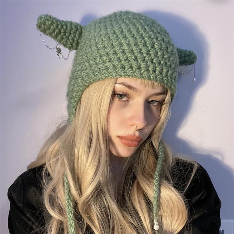 Einfarbige gestreifte Katze-Ohr-Mütze, modische und personalisierte Quasten-Überziehmütze für Erwachsene