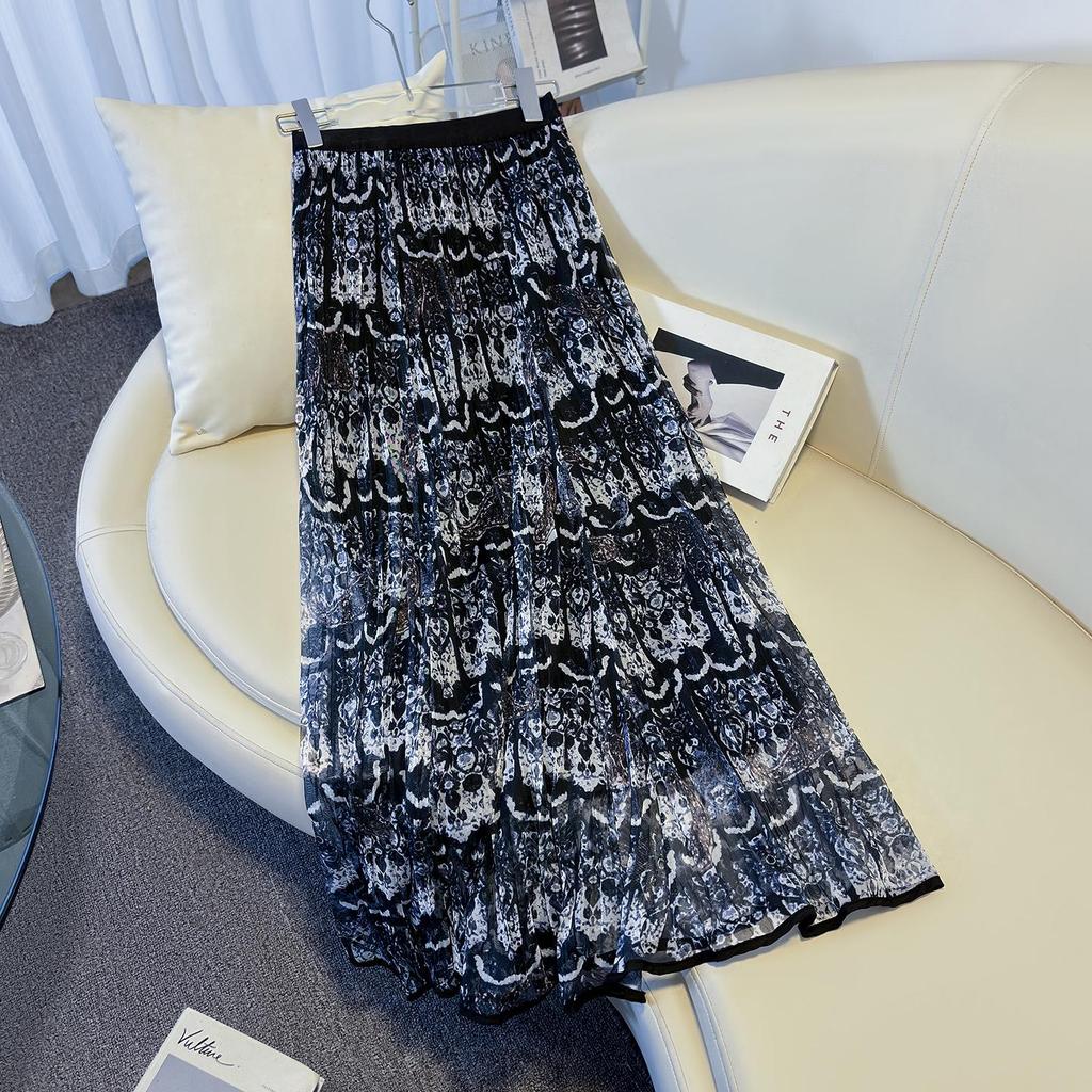 Women's High-Waist Slimming Retro Ethnic Mesh Pleated Skirt - 2026 Spring Collection