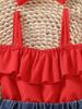 Two-piece set for baby girls: summer off-shoulder camisole with heart embroidered denim shorts