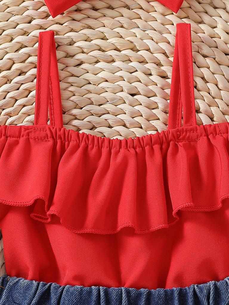 Two-piece set for baby girls: summer off-shoulder camisole with heart embroidered denim shorts