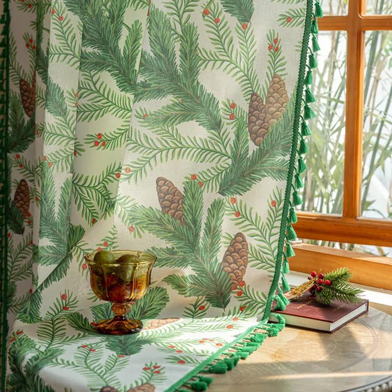 Panouri Cortină Bumbac In Conuri de Pin cu Ciucuri Verzi Izolate Termic Draperii de Fereastră Boho Decorațiuni de Crăciun pentru Living Dormitor