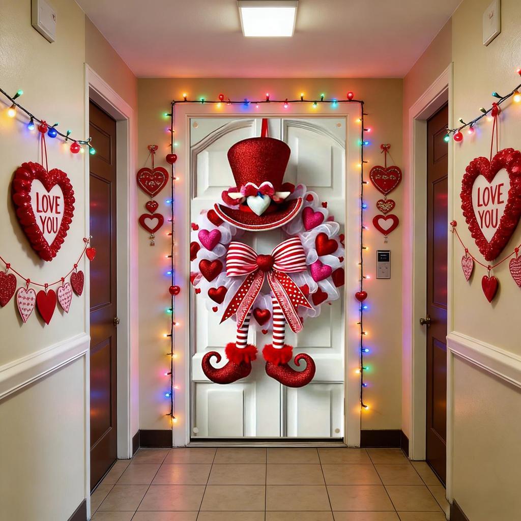 Valentine's Day Heart-Shaped Bear Wreath Door Hanging Floral Bow Decoration Romantic Holiday Home Store Door Atmosphere Decor