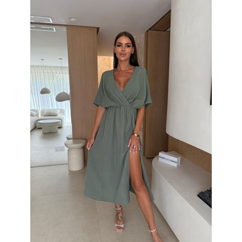 

JKASHDK Женская мода, лето, весна, сплошной цвет, принт, рукава 1/2, v-образный вырез, высокая талия, повседневные платья XXL зелёный