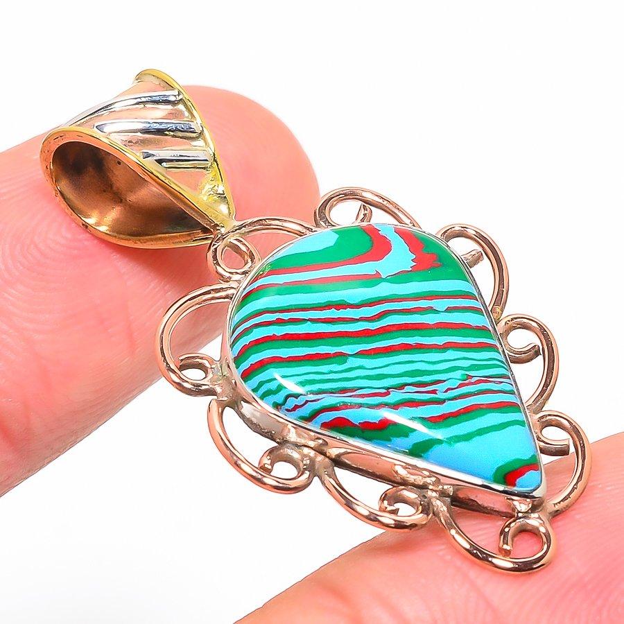 Natural Rainbow Calsilica Two Tone 925 Solid Sterling Silver Pendant 1.50'' T5r71