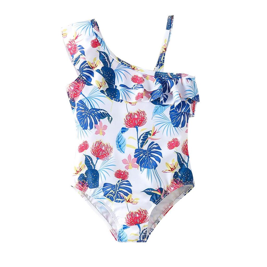 Girls' Floral One-Shoulder Swimsuit with Cute Print