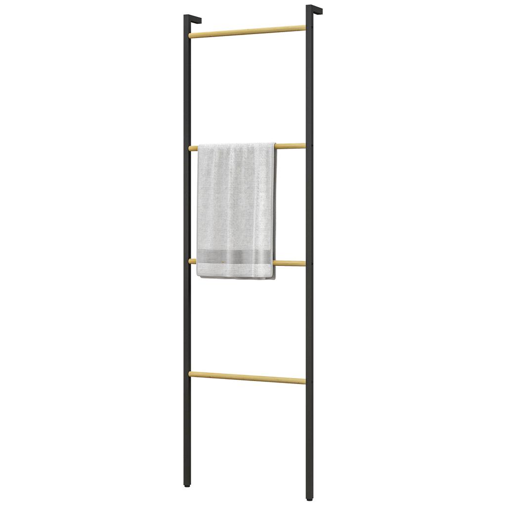 Towel Rail, Freestanding, 4 Bars, 49x5.5x167.5cm, Black/Natural Wood