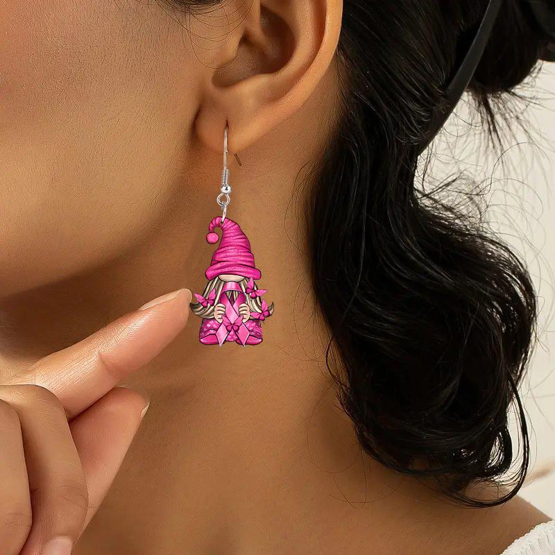 1Pair Pink Ribbon Dwarf Breast Cancer Day Earring Acrylic Painting Earrings Jewelry for Women Female