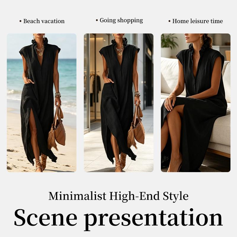 Abbigliamento Donna Estate Stile Europeo Abito Lungo Cotone Senza Maniche Monocolore Vestibilità Larga Scollo a V Casual