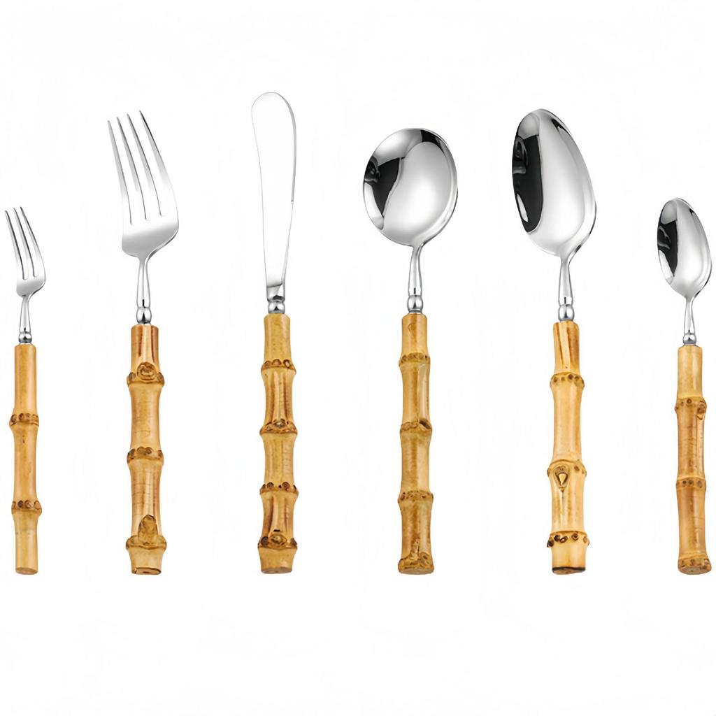 304 Stainless Steel Bamboo-Handled Knife Fork Spoon Set for Hotel Tableware and Western Food, Thickened Dessert Spoon and Steak Knife Fork.