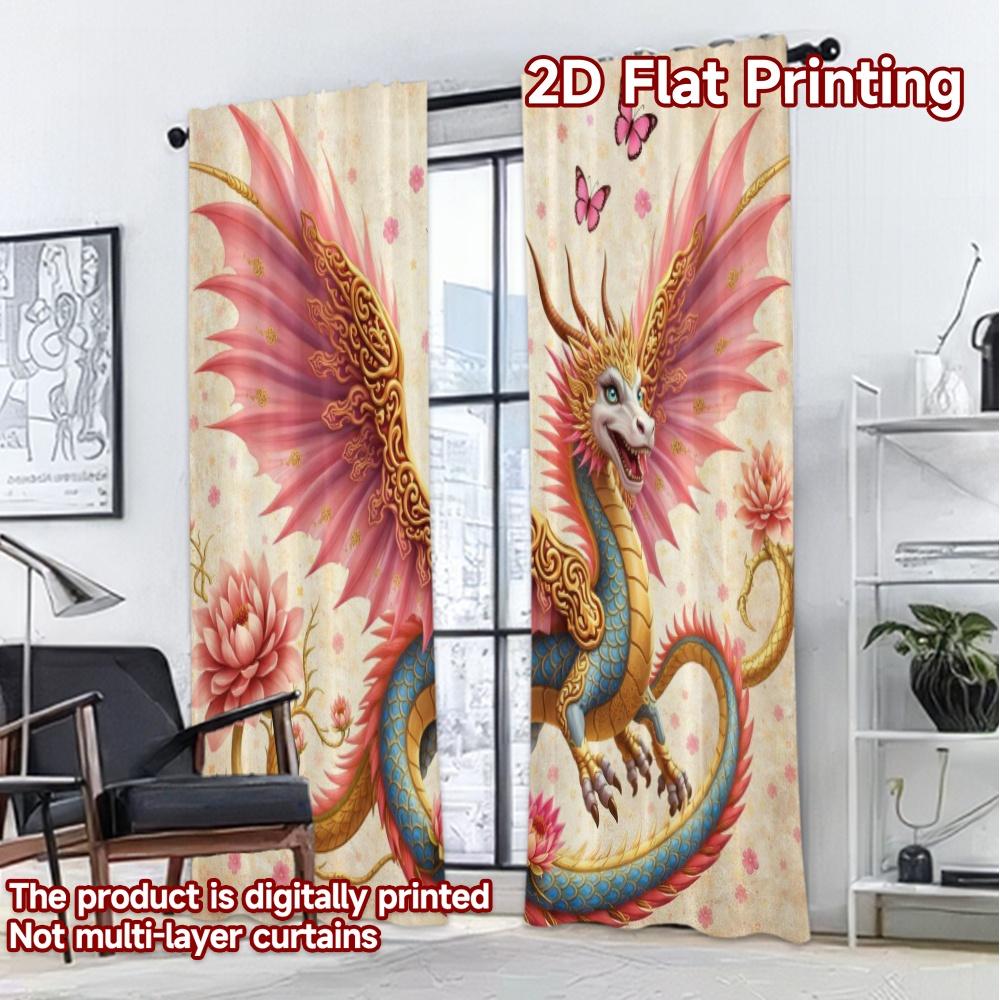 2D FLAT PRINTING 2pcs Curtains (Without Rod) Dragon with Butterflies Creative Modern Curtains Durable 100% Polyester Fabric