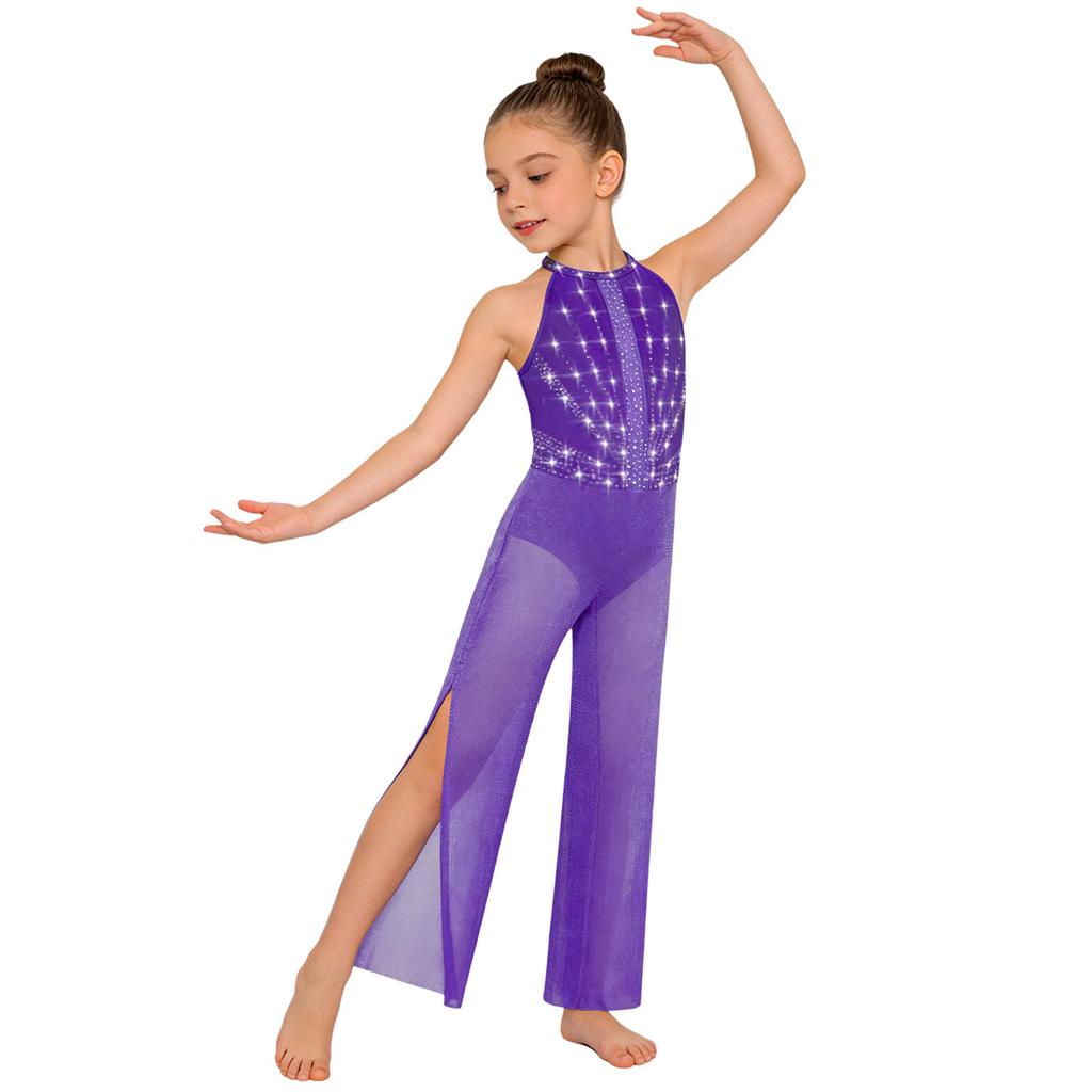 Mädchen Strass Glitzernder Body Ärmellos Schlüsselloch Rücken Tanz Jumpsuit