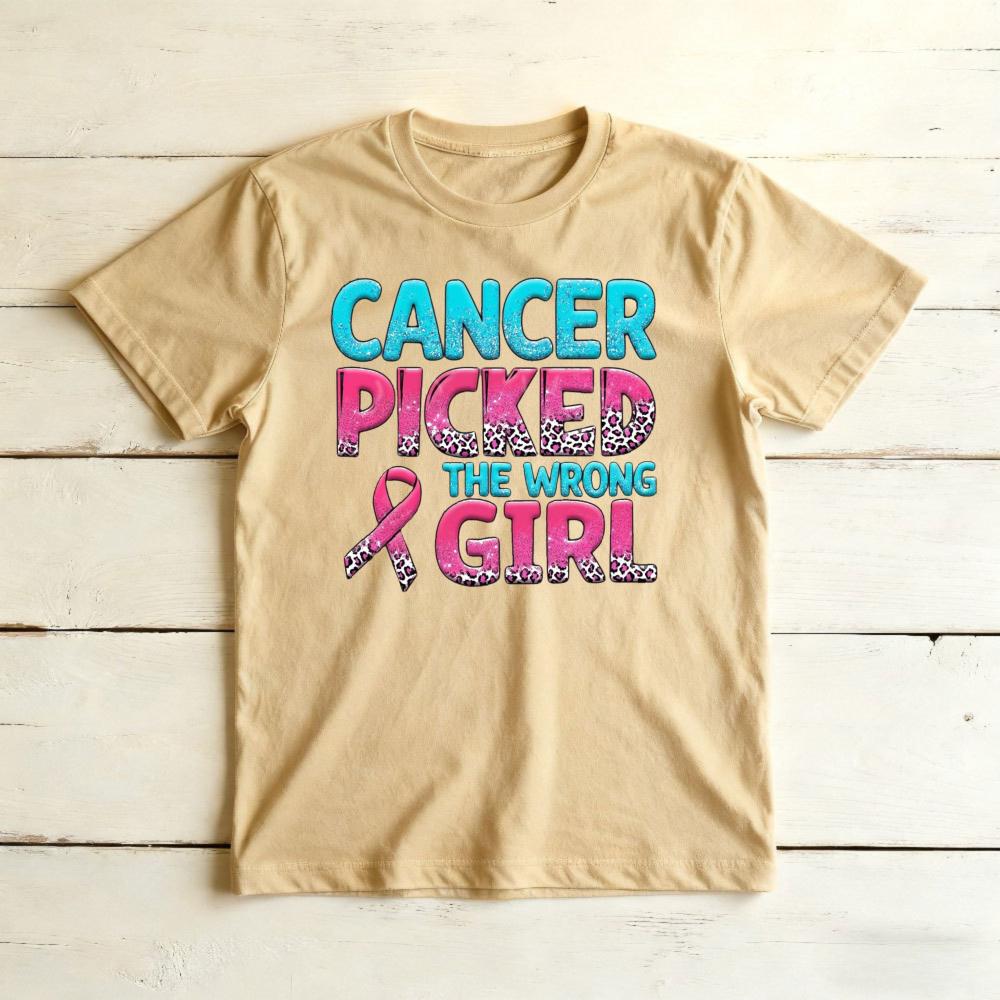 Cancer Picked The WrongunisexLeopard Letter Graphicunisex Summer Tshirt Breast Cancer Fighter Bold Motivational Short Sleeve Top