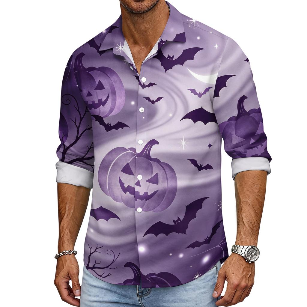 Men's Loose Fit Long Sleeve Shirt Halloween Pumpkin Print Casual Button Down Shirt Vintage Style Breathable Fabric Comfortable for Outdoor Workwear
