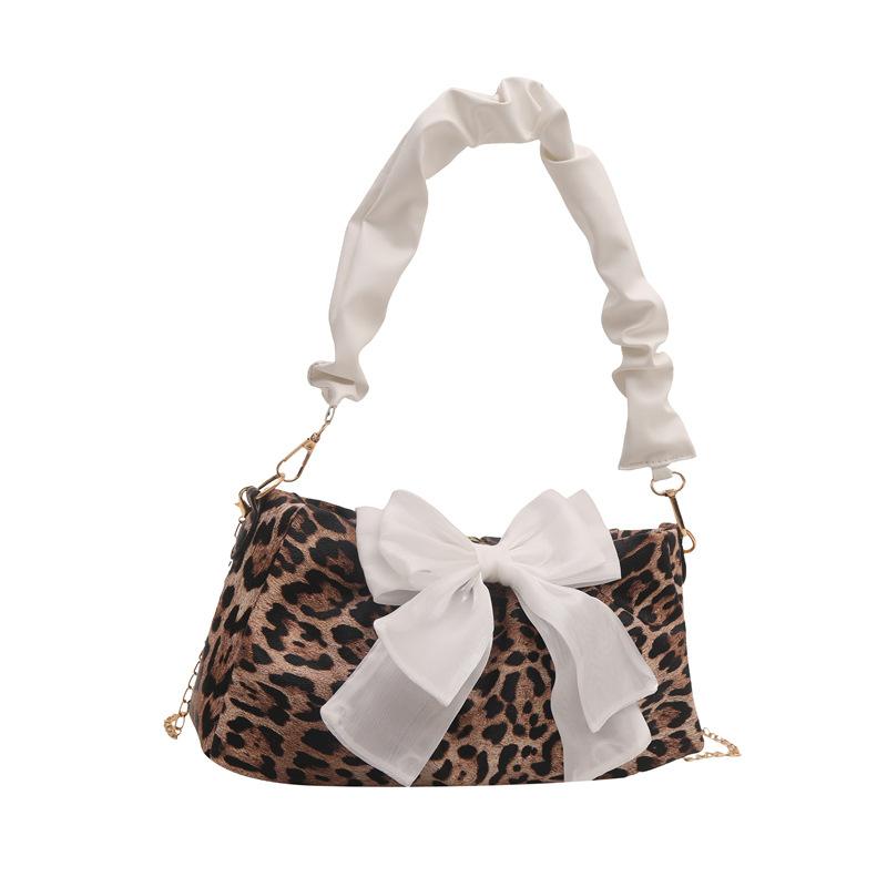 Pleated New Trend Female Personality Leopard Print Baguette Bow Fashion Shoulder Armpit Small Square Bag