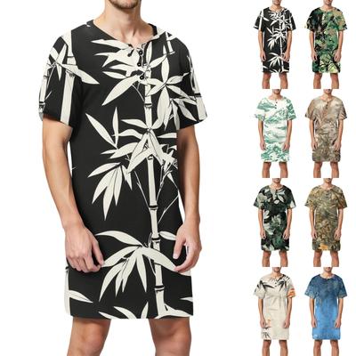 Men's Fashion Printed Cotton Short Sleeve Pajamas Button Collar Long Loose Home Clothes