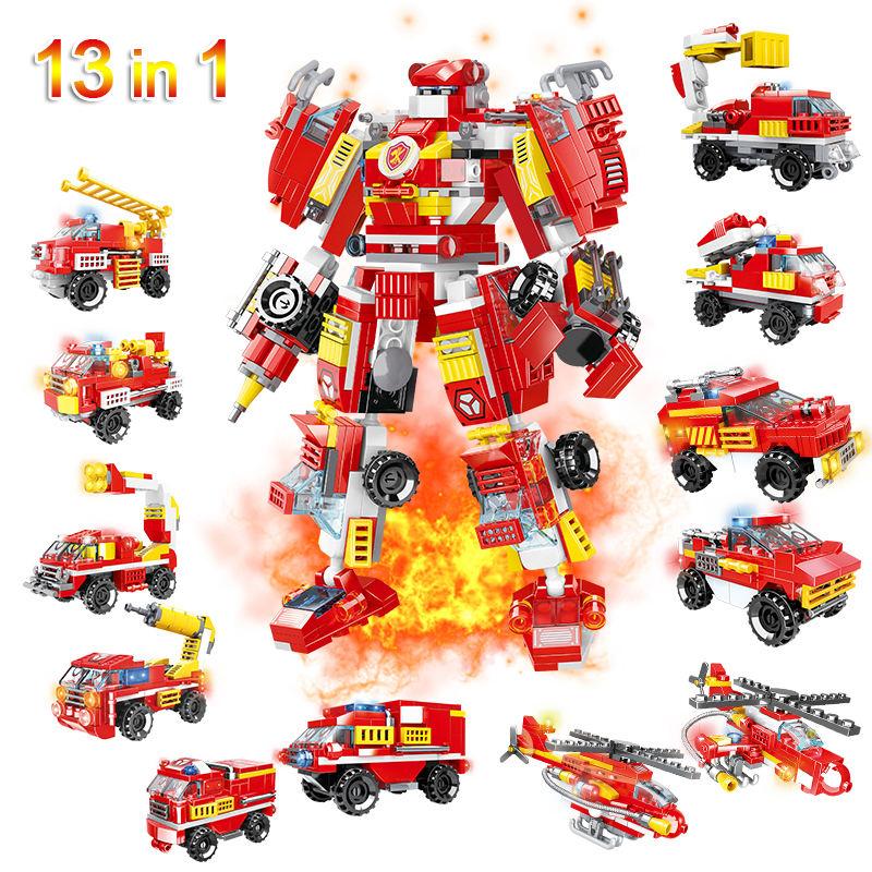 Woma Toys C0651 Transforming Robot 13 In 1 Fire Rescue Car Building Block Brick Toy Set for Kids