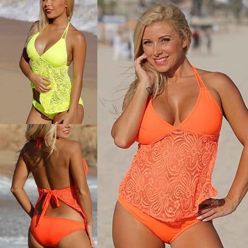 

Сексуальная кружева Открыть Назад Halter Tankini женщин моды Морской костюм Пляж Купальник Плюс Размер Jumpsuit бикини