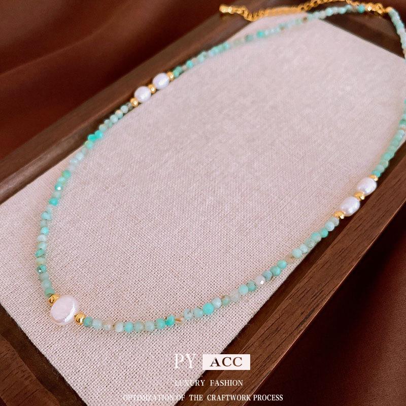 Vergoldete Amazonit- & Perlenkette - Elegante Schlichte Schlüsselbeinkette, Vielseitiger High-End-Schmuck