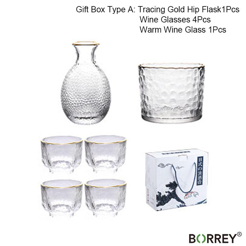 BORREY Japanese Sake Set Glass Tracing Gold Wine Flasks Wine Glass Decanter Wine Set Ice Jug Flagon Liquor Spirits Shochu Cups
