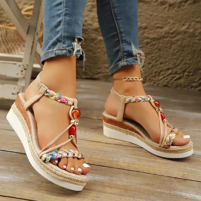 Fashion Bohemian Style Espadrille Wedge Sandals for Women Beaded Decor Ankle Strap Platform Sandals Woman Comfortable Summer Beach Shoes