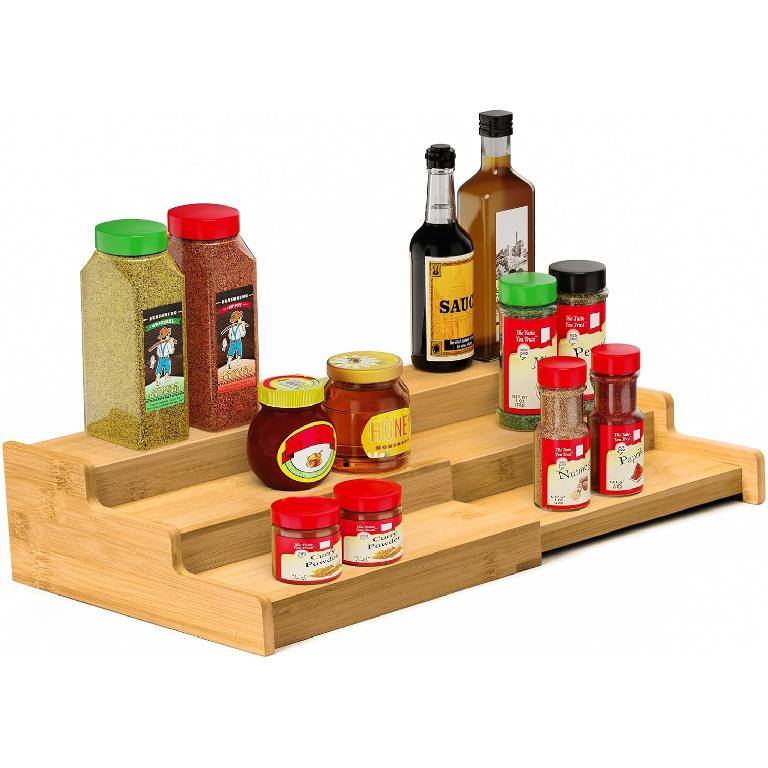 Spice Rack Organizer, 3 Tier Expandable Bamboo Spice Rack Organizer, Great for Kitchen Cabinet, Cupboard, Pantry and More-Bamboo