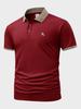Men's Contrast Mesh Collar Polo Shirt, Equestrian Embroidered Business Casual Short Sleeve Top
